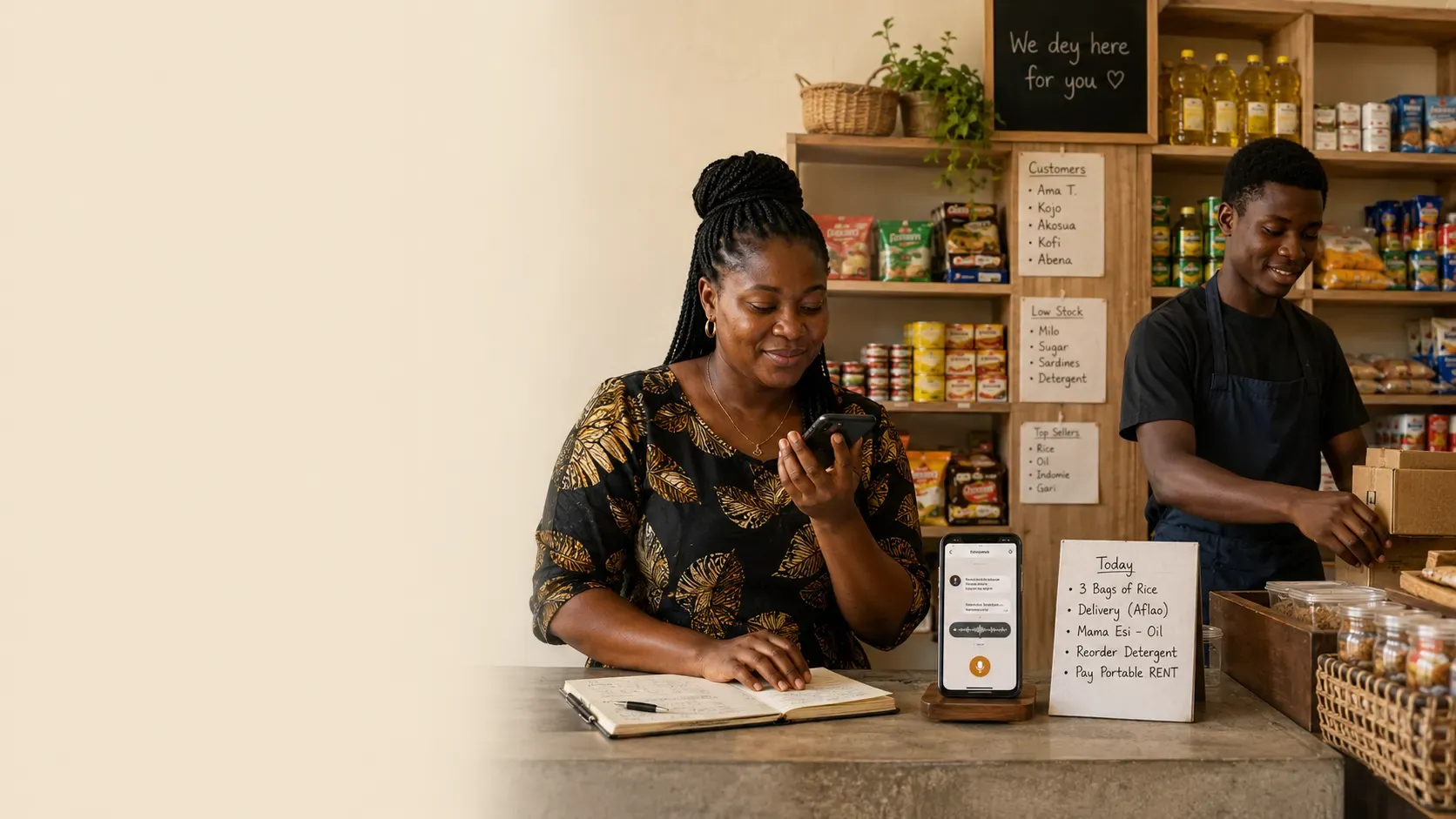 A shop owner records a voice note on her phone behind her counter, an open ledger in front of her, handwritten lists of customers, low stock and the day's tasks pinned to the shelves, and an attendant restocking behind her.